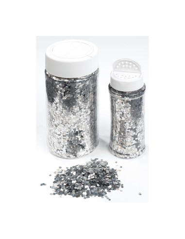 Bote de plástico con virutas brillantes para la decoración de árboles de navidad en escaparates de tiendas