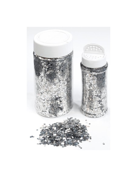 Bote de plástico con virutas brillantes para la decoración de árboles de navidad en escaparates de tiendas