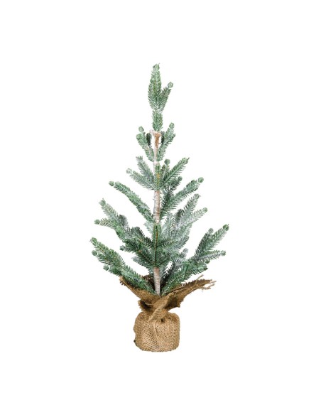 Árbol de Navidad nevado en saco de yute para la decoración de navidad con bolas y accesorios