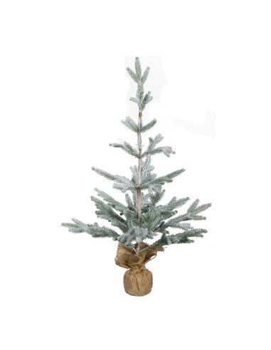 Árbol de Navidad nevado en saco de yute para la decoración de navidad con bolas y accesorios