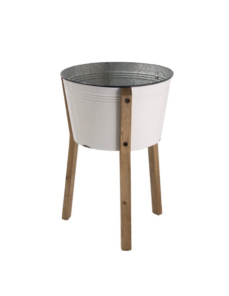 Cubo de metal con base de madera para la decoración de espacios en hoteles y escaparates en tiendas