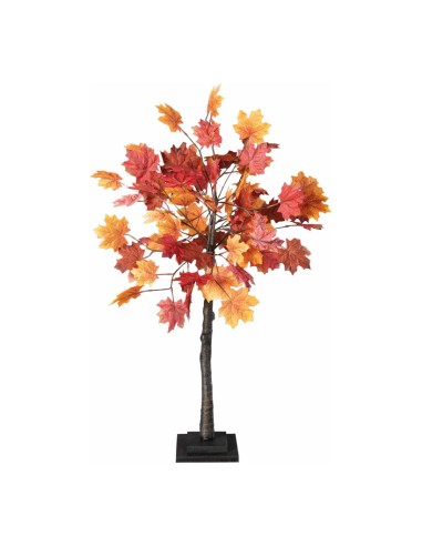 Árbol de arce otoñal con copa espesa y base de madera para escaparates de otoño en tiendas y centros comerciales