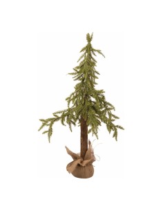 Abeto con ramas colgantes y bolsa de yute en la base para escaparates de otoño en tiendas y centros comerciales