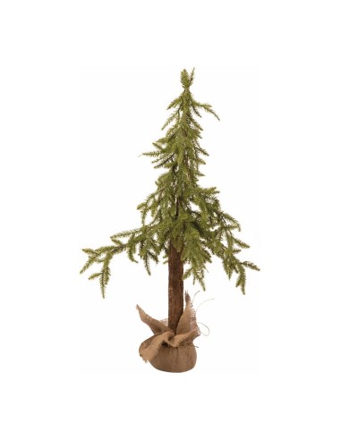 Abeto con ramas colgantes y bolsa de yute en la base para escaparates de otoño en tiendas y centros comerciales