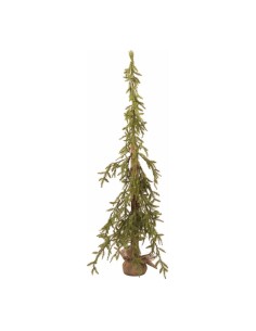 Abeto con ramas colgantes y bolsa de yute en la base para escaparates de otoño en tiendas y centros comerciales