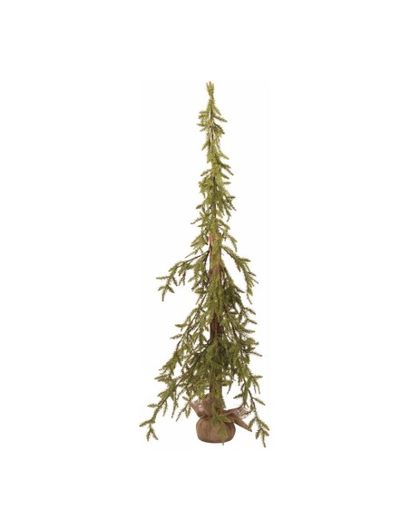 Abeto con ramas colgantes y bolsa de yute en la base para escaparates de otoño en tiendas y centros comerciales