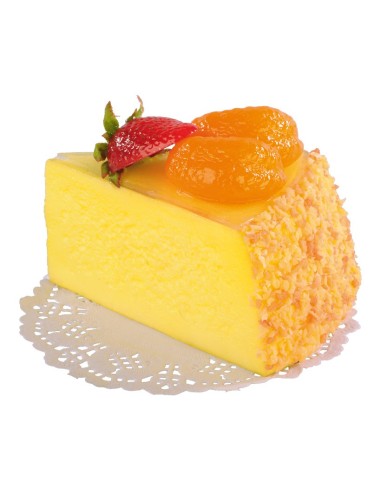 Imitación de porción de tarta de queso con fresa y rodaja mandarina para panaderías pastelerías y escaparates de tiendas