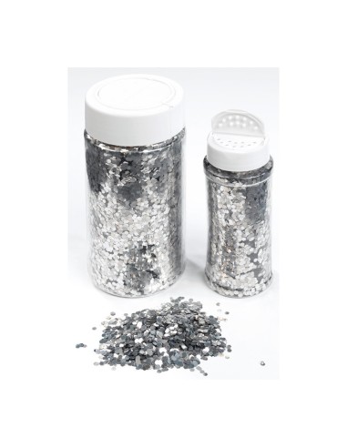 Bote de plástico con virutas brillantes para la decoración de árboles de navidad en escaparates de tiendas