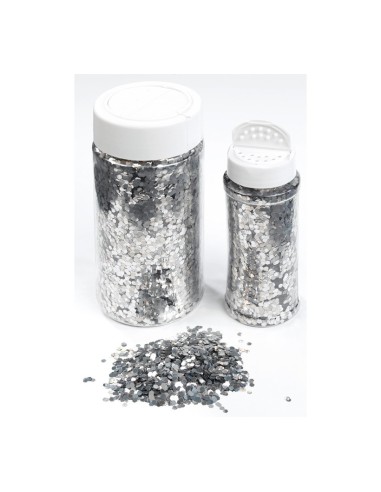 Bote de plástico con virutas brillantes para la decoración de árboles de navidad en escaparates de tiendas