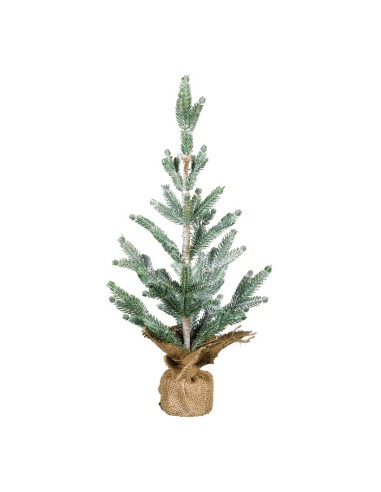 Árbol de Navidad nevado en saco de yute para la decoración de navidad con bolas y accesorios