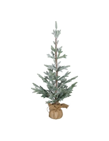 Árbol de Navidad nevado en saco de yute para la decoración de navidad con bolas y accesorios