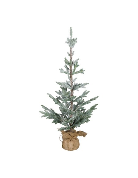 Árbol de Navidad nevado en saco de yute para la decoración de navidad con bolas y accesorios