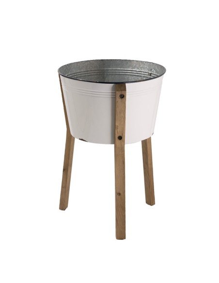 Cubo de metal con base de madera para la decoración de espacios en hoteles y escaparates en tiendas