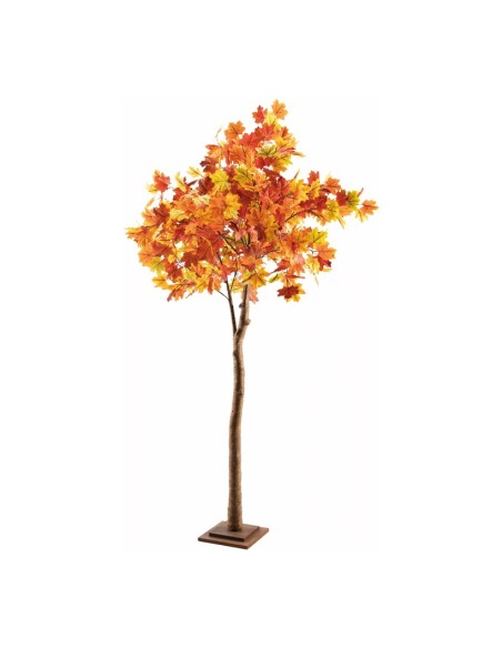 Árbol de arce frondoso con base de madera de colorido otoñal para escaparates de otoño en tiendas y centros comerciales