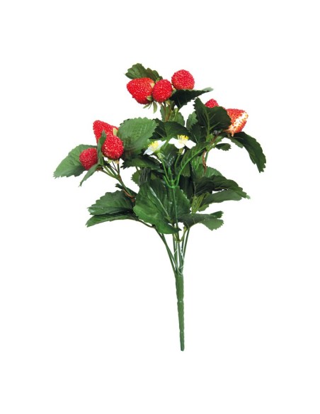 Imitación de ramillete de fresas con 7 tallos y hojas para fruterías y la decoración de escaparates de tiendas o comercios