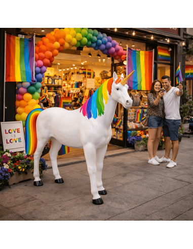 Figura de unicornio arcoíris en fibra de vidrio de 110 cm para decoración interior y exterior La Decoteca