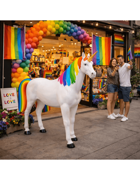 Figura de unicornio arcoíris en fibra de vidrio de 110 cm para decoración interior y exterior La Decoteca
