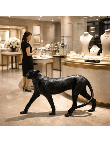Figura realista de leopardo negro en fibra de vidrio de 120 cm para decoración interior y exterior La Decoteca