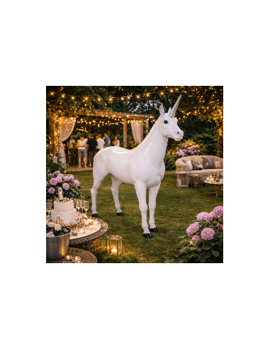 Figura realista de unicornio a tamaño real en fibra de vidrio de 220 cm para decoración interior y exterior La Decoteca