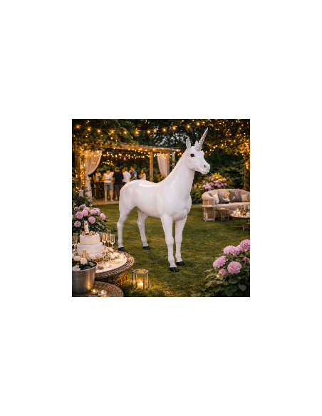 Figura realista de unicornio a tamaño real en fibra de vidrio de 220 cm para decoración interior y exterior La Decoteca