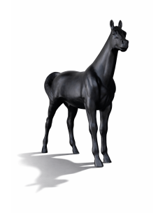 Figura realista de caballo negro a tamaño real en fibra de vidrio para tematización y decoración comercial La Decoteca