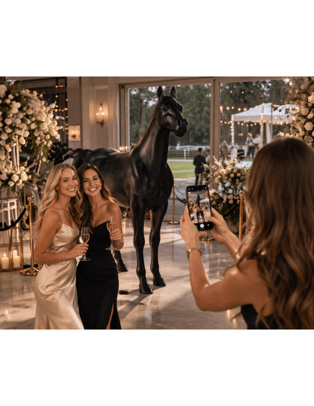 Figura realista de caballo negro a tamaño real en fibra de vidrio para tematización y decoración comercial La Decoteca