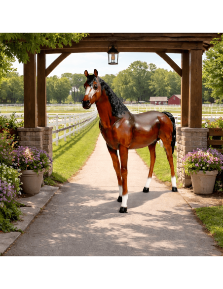 Figura realista de caballo a tamaño real en fibra de vidrio de 195 cm para decoración interior y exterior