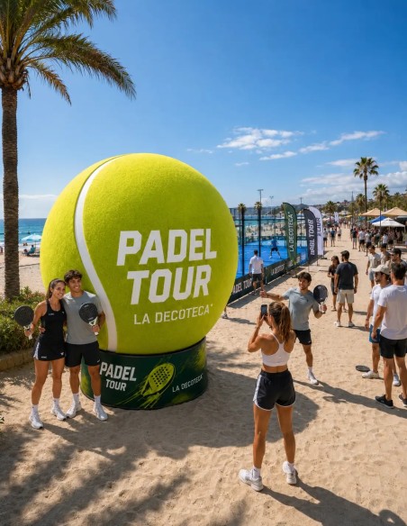 Pelota de pádel hinchable gigante 200cm con base publicitaria y faldón imprimible 360° para torneos de pádel — La Decoteca