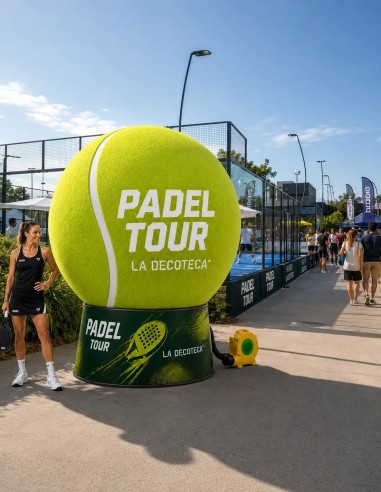 Pelota de pádel hinchable gigante 200cm con base publicitaria y faldón imprimible 360° para torneos de pádel — La Decoteca