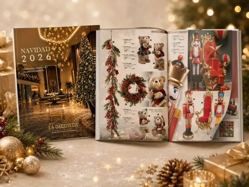 Catálogo de decoración Navidad 2026 2027 de La Decoteca con portada y doble página abierta
