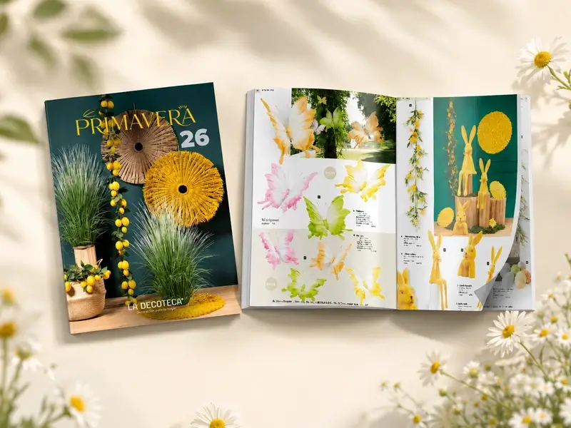 Interior del catálogo de decoración primavera verano 2026 de La Decoteca con doble página abierta