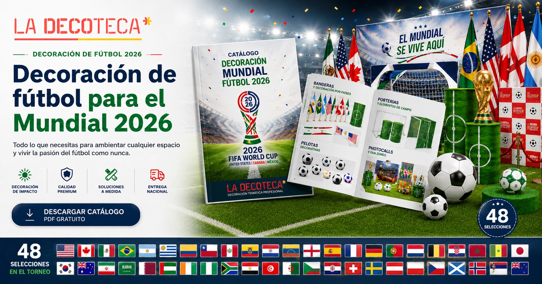 Decoración para el Mundial de Fútbol 2026 — banderas de 48 selecciones, trofeos, porterías y pedestales de césped. La Decoteca.