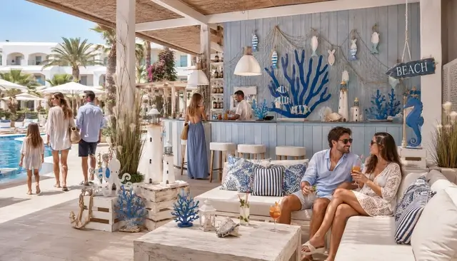 Ambiente de decoración de verano marítima instalado en hotel