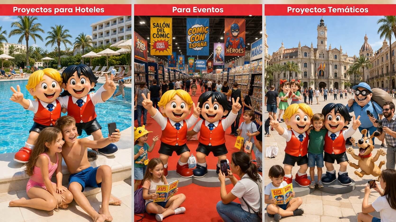 Figuras realistas de Zipi y Zape con licencia oficial para hoteles, eventos y proyectos de decoración temática