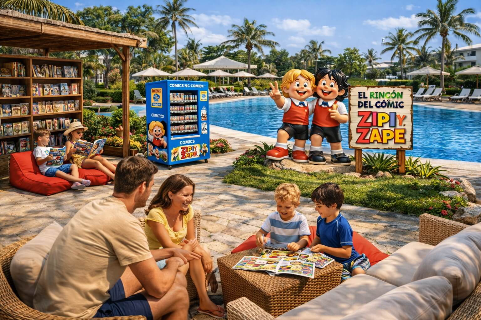 Proyecto temático con figuras realistas y escenografía de Zipi y Zape en hotel familiar con piscina
