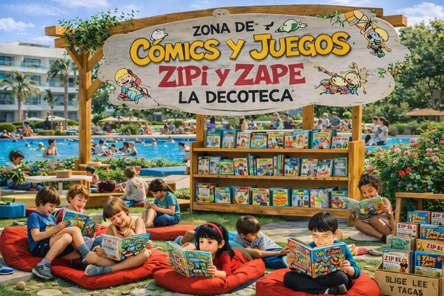 Biblioteca abierta de Zipi y Zape con espacio de lectura familiar en hotel o resort