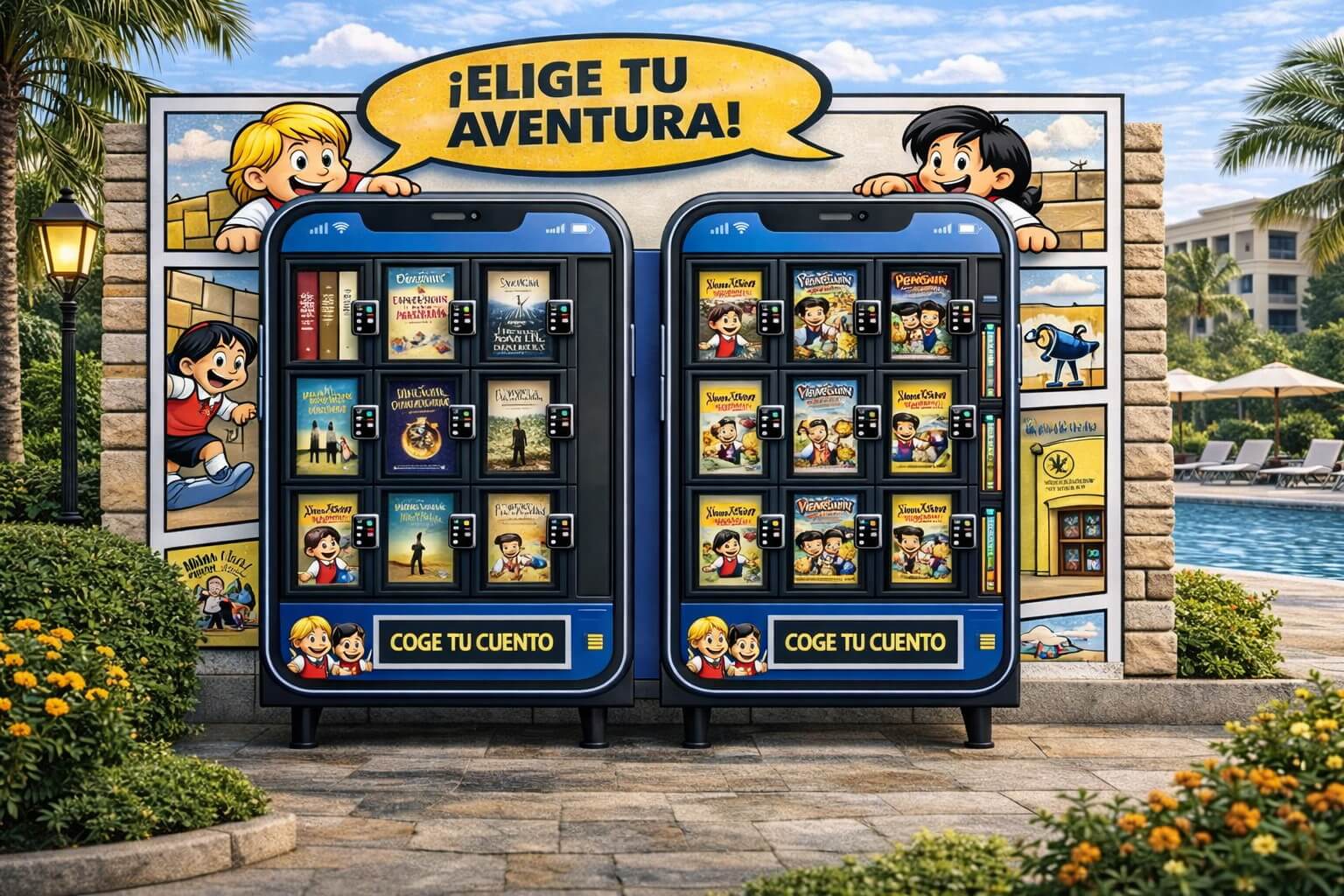 Máquina expendedora de libros y merchandising de Zipi y Zape en hotel o espacio temático