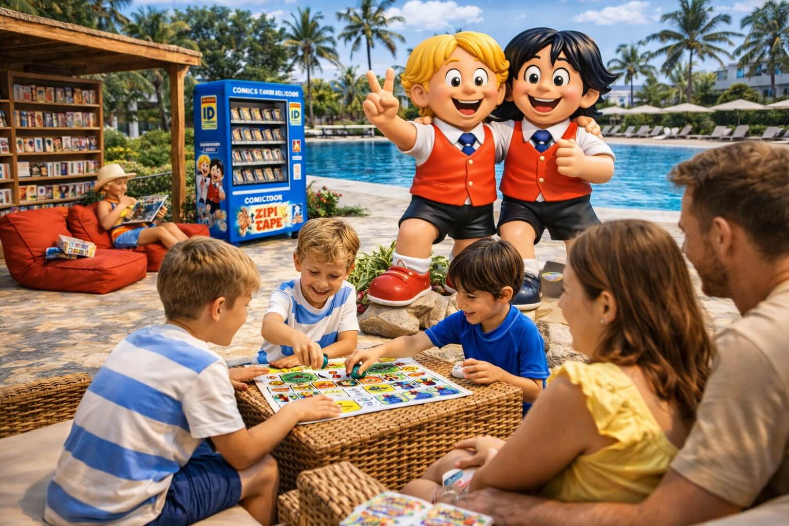 Zona de juegos impresos y actividades familiares de Zipi y Zape en hotel o centro comercial