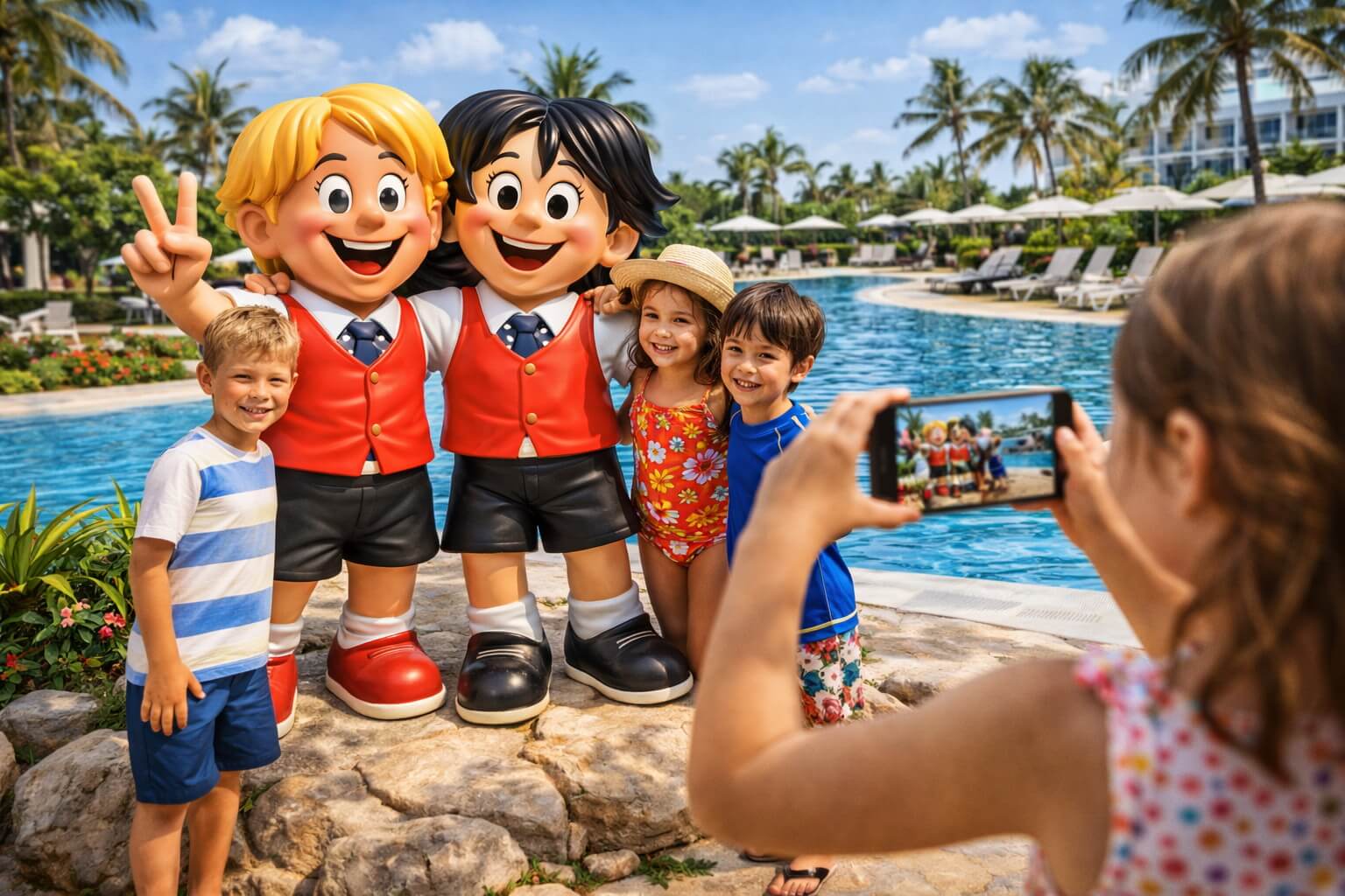 Zona selfie con figuras realistas de Zipi y Zape para hoteles y resorts